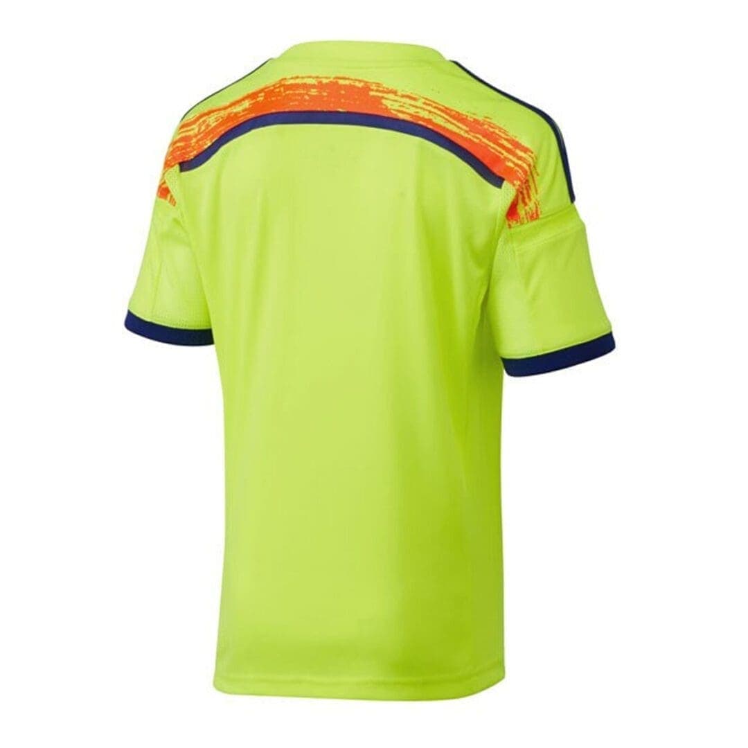 Japan 2014 away shirt, back: volt yellow with an orange sunburst across the shoulders and upper back and navy trim.