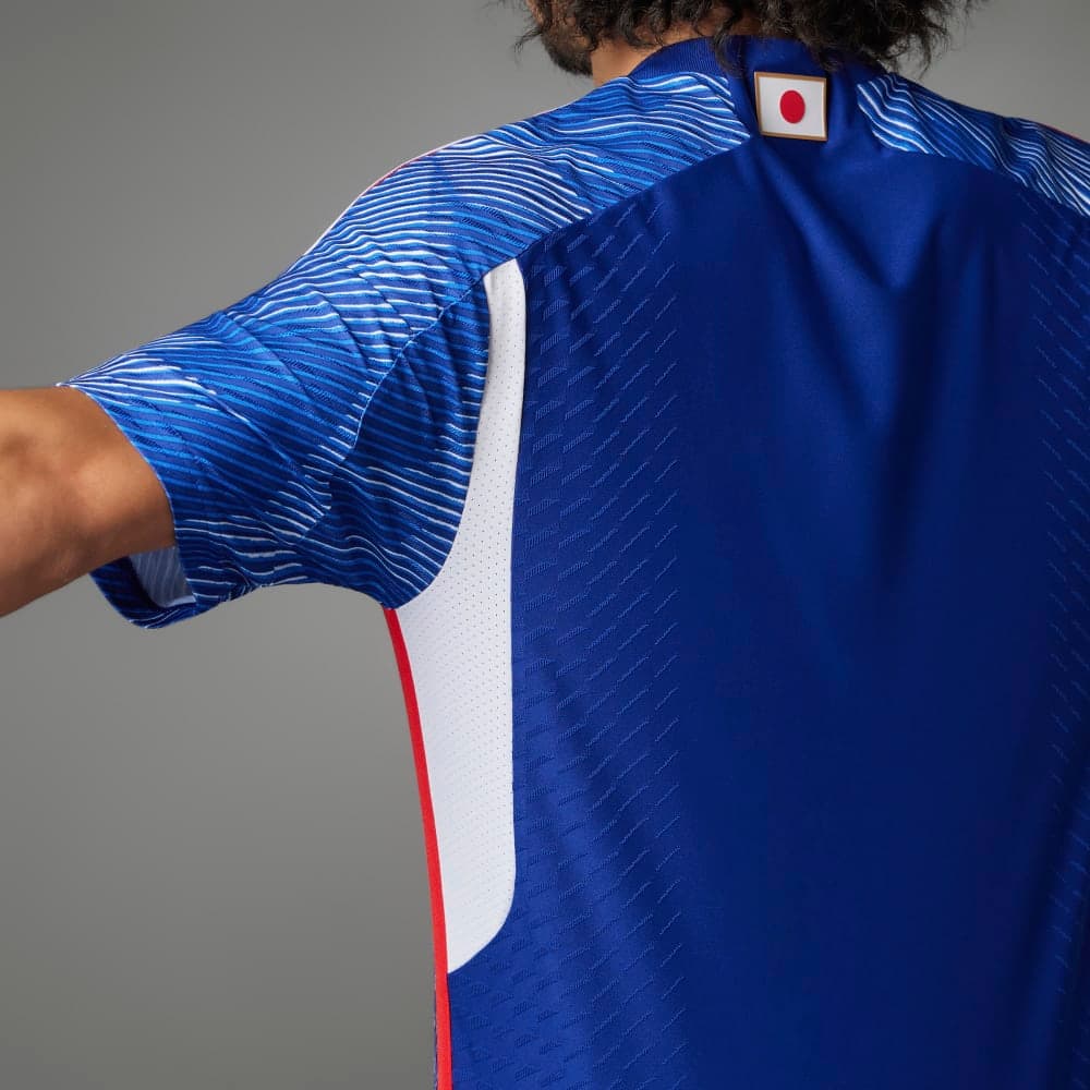 Back detail of the Japan 2022 home kit: the Hinomaru flag tab at the neck, the origami-crane graphic over the shoulders, and the white and red side panel.