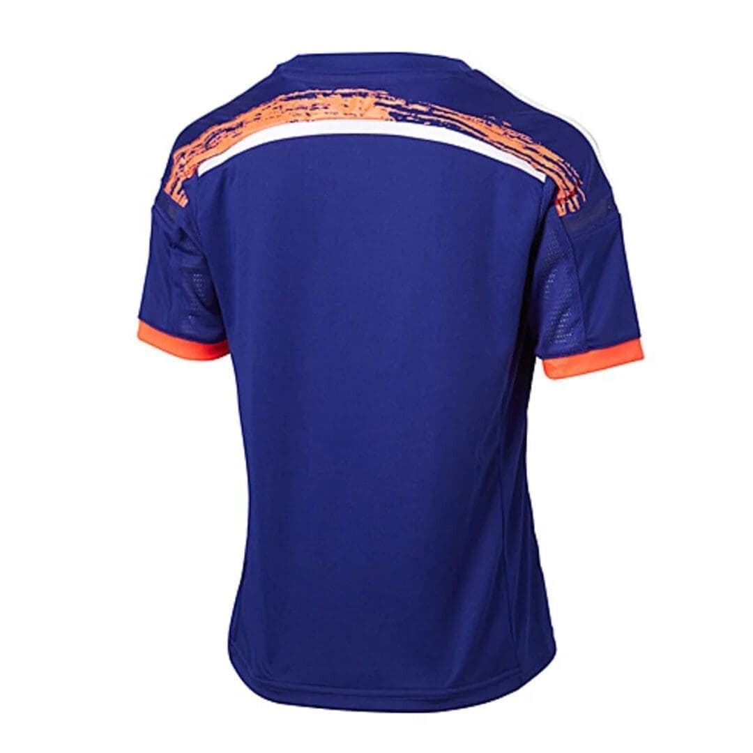 Japan 2014 home shirt, back: deep blue with a coral painted gradient across the shoulders and upper back.