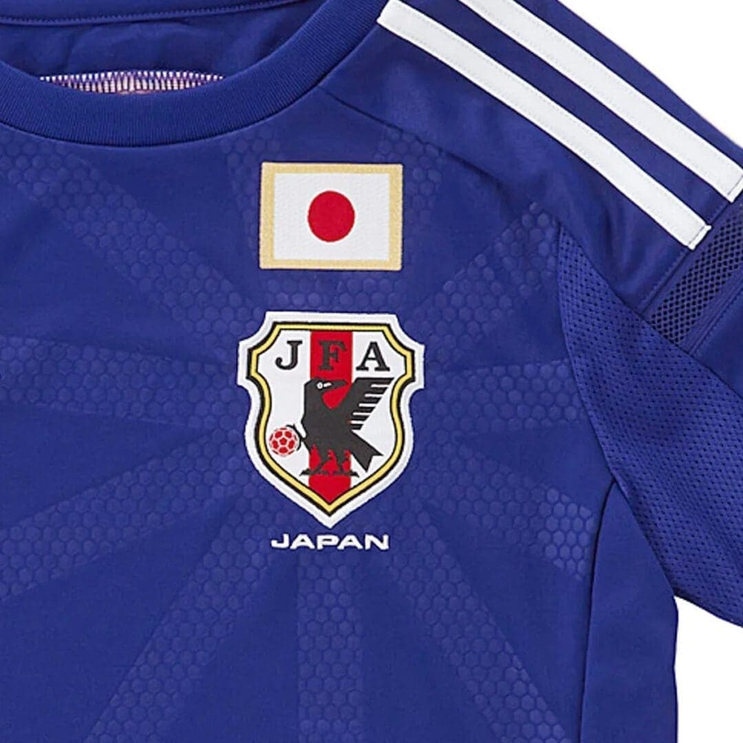 Detail of the Japan 2014 home: the Japan flag, the JFA crest, and the sunburst of lines radiating from it.